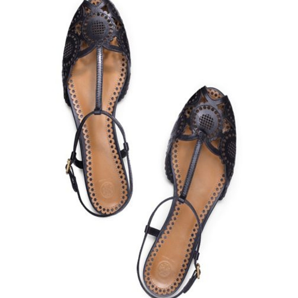 Tory Burch Black Leather Laser-Cut T-Strap Sandals